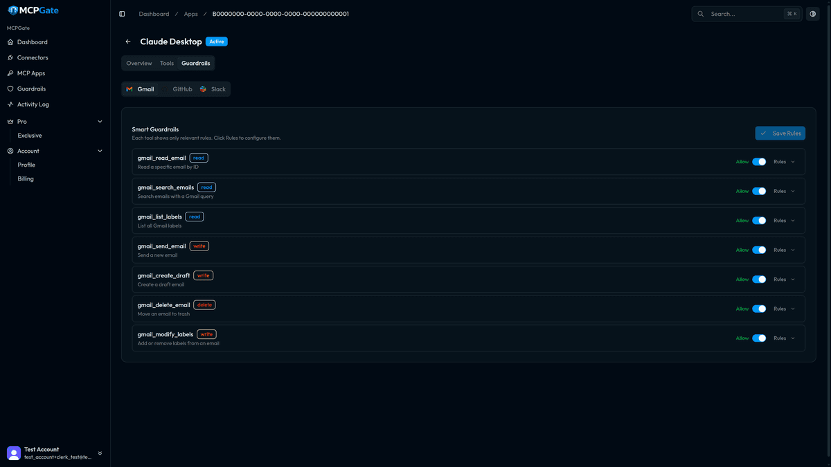 MCPGate Guardrails — Gmail tools with Allow/Deny toggles