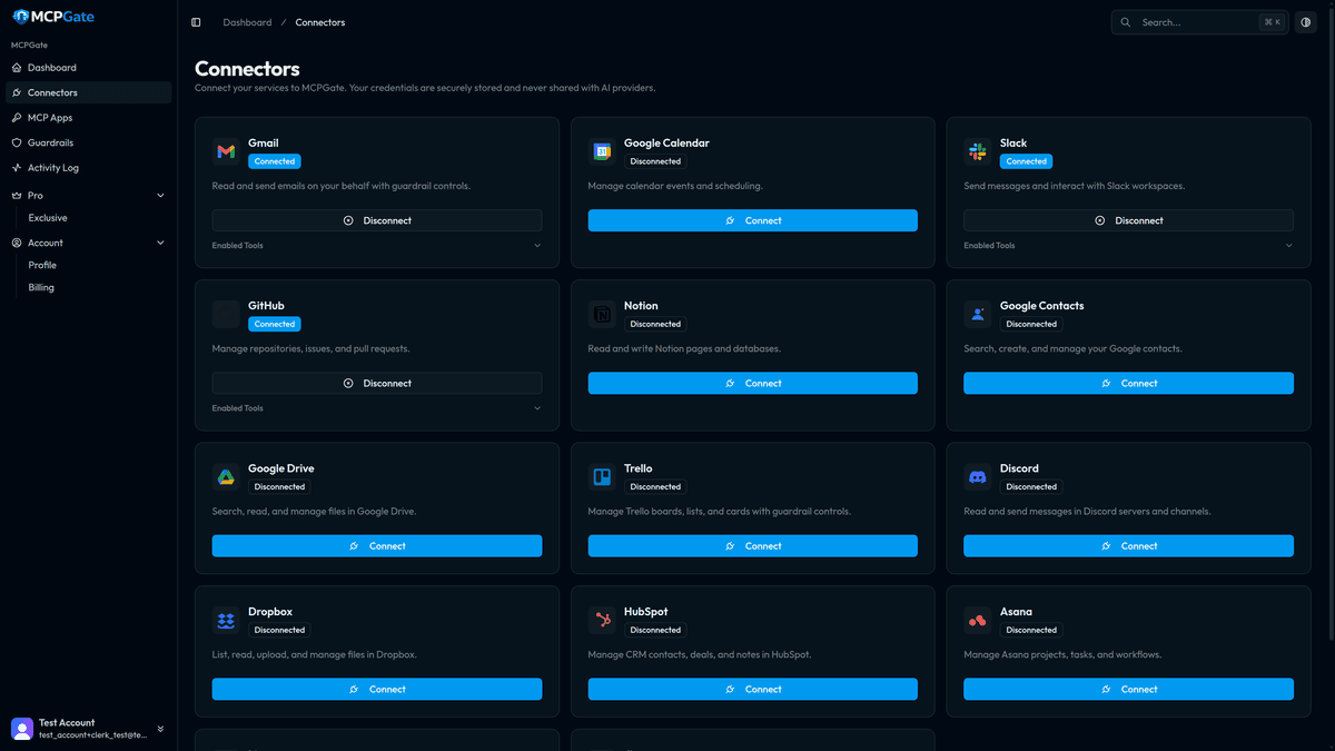 MCPGate Connectors — 70 services, 3 connected