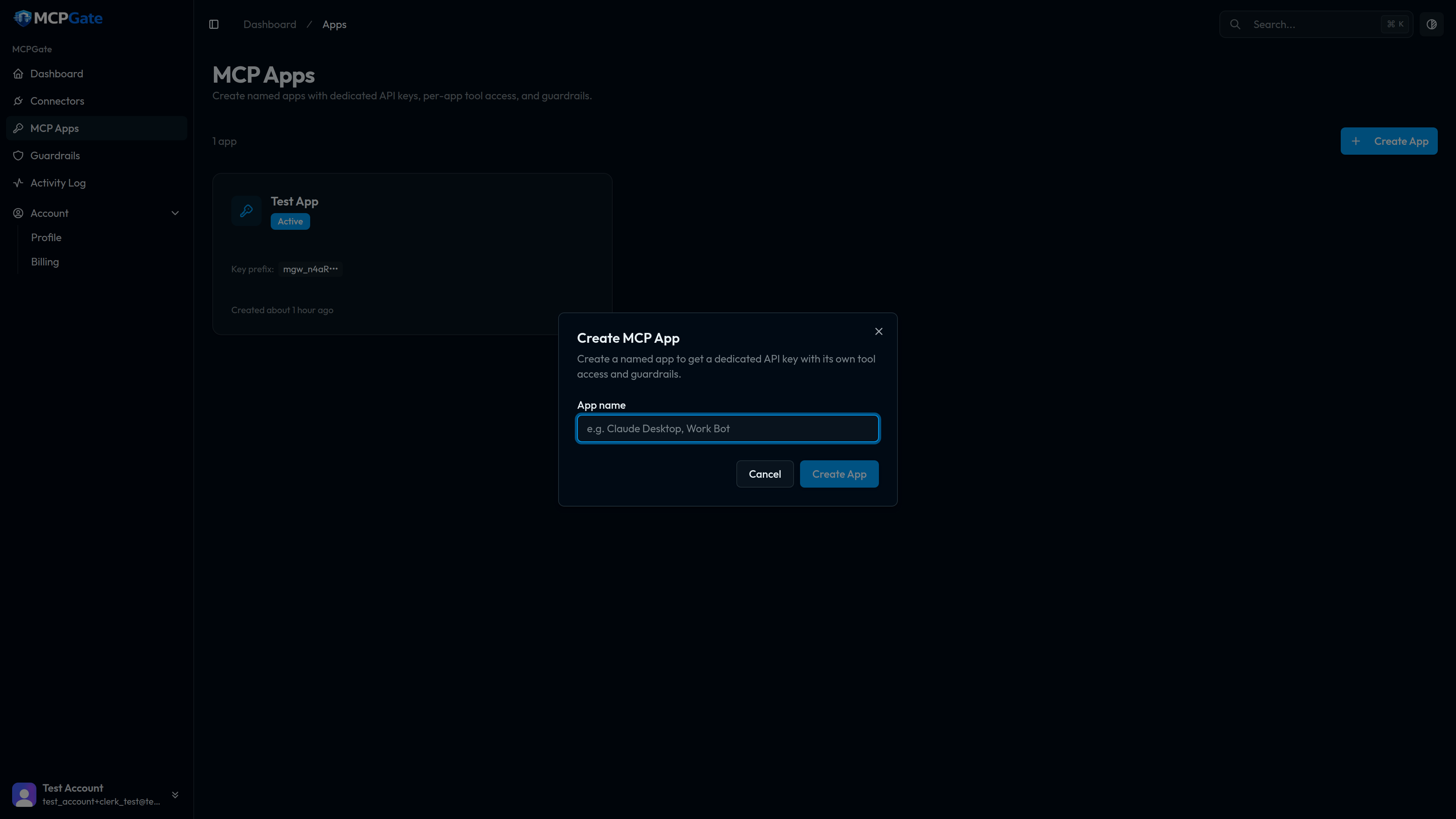 New App dialog showing the API key reveal
