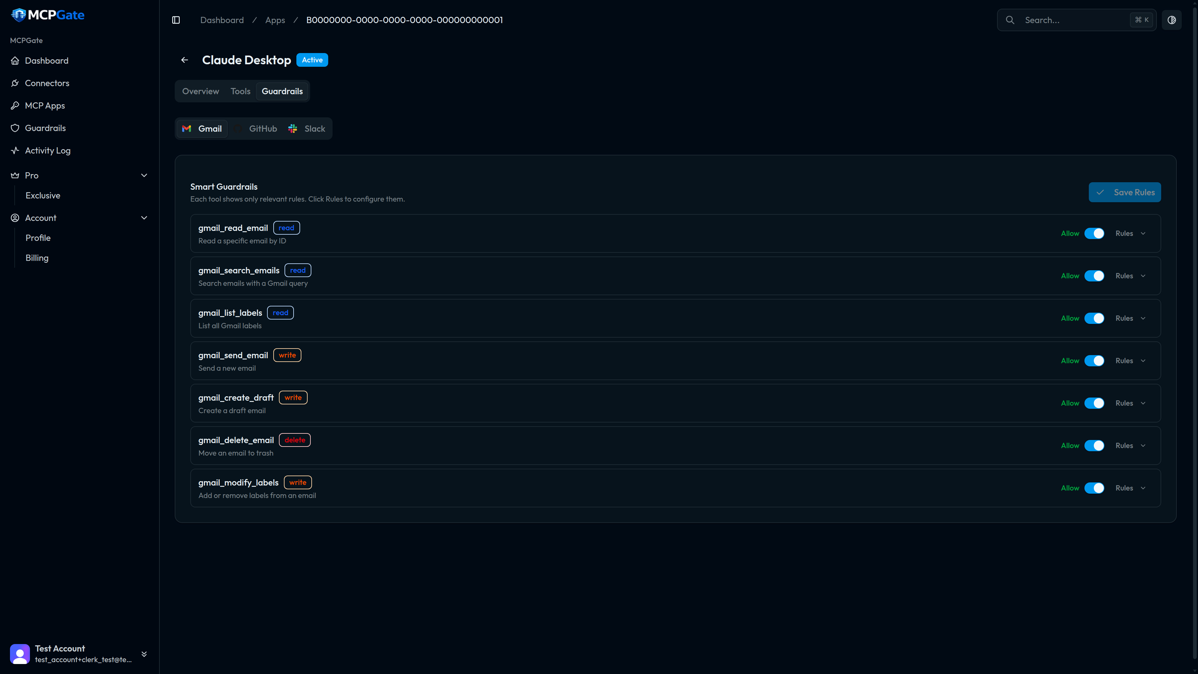 Guardrails page showing Gmail read tools enabled and write tools disabled